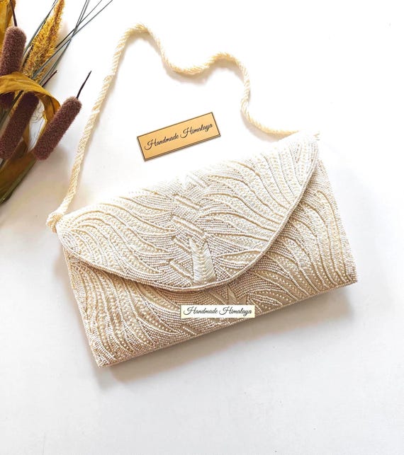 Ivory Leaf Beaded Bridal Clutch | White Wedding Purse