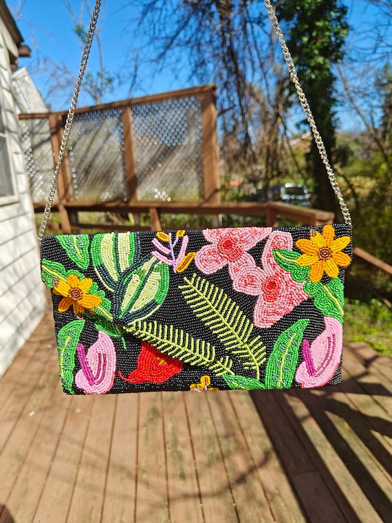 Black Beaded Purse, Envelope Crossbody Bag, Floral Black Handbag, SeedBead Sling Purse, Beaded Clutch, Evening Bag, Party Purse, Purse Gift