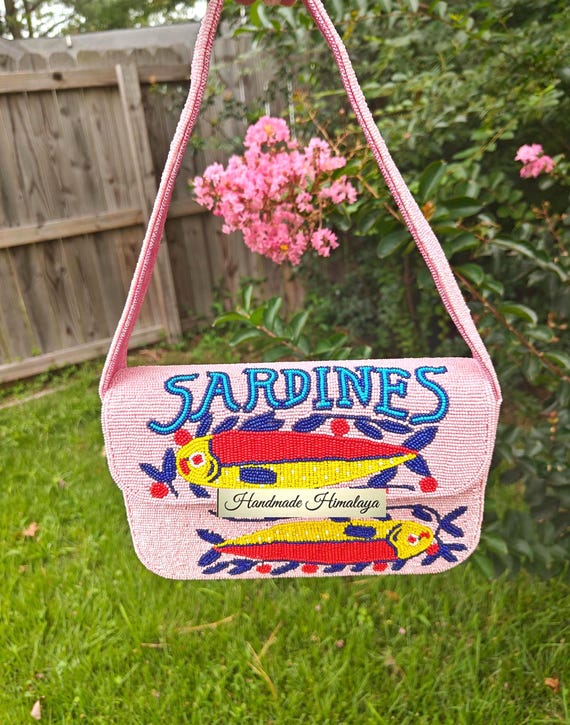 Sardines Beaded Shoulder Bag: Pink Fish Purse Summer Beach Handbag