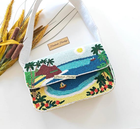Hawaii Vacation Beaded Bag | Tropical Beach Landscape Shoulder Purse | Palm Trees Blue Ocean Handbag Plumeria