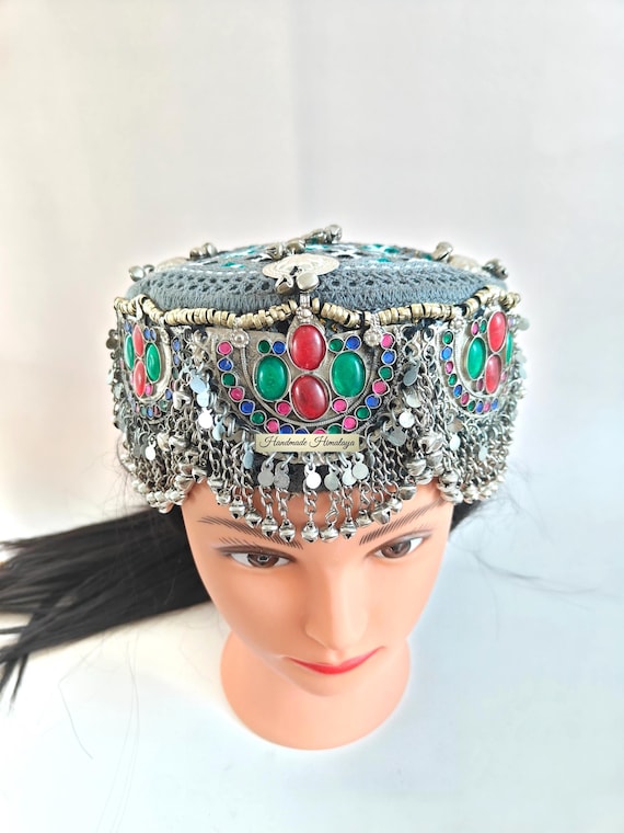 Embroidered Afghan Mathapati Cap: Halima Sultan Style Jewel Embellished Hat Gray