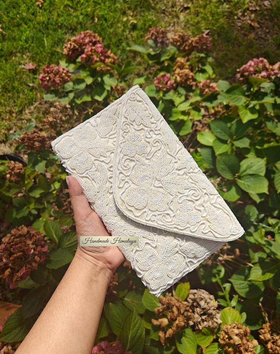 White Beaded Clutch Purse: Floral Bridal Crossbody Bag with Shoulder Strap