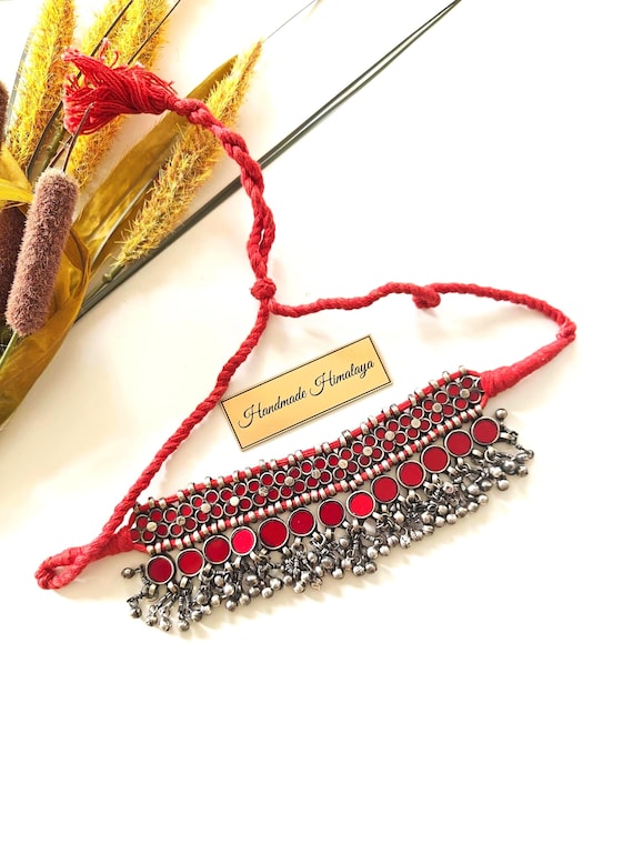 Vintage Afghan Kuchi Bridal Choker | Indian Red Glass Belly Dancer Boho Wedding Necklace