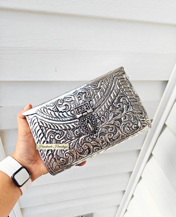 Vintage Brass Silver Clutch: Floral Engraved Indian Wedding Metal Bag Purse Crossbody