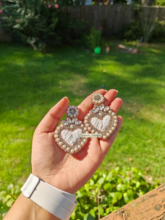 White Beaded Earrings, White Heart Earrings, Sacred Heart Earrings, Luxury Bridal Jewelry, Mexican White Earrings, Native Dangle Earrings