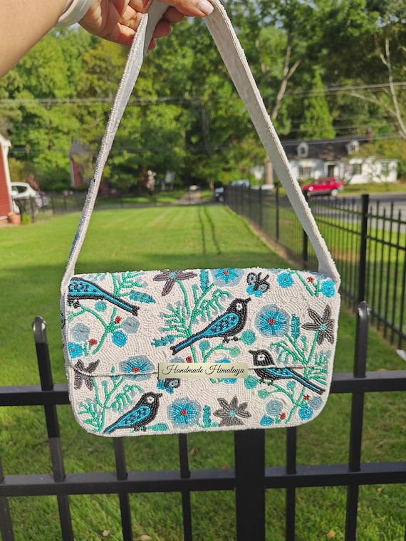 Blue Beaded Bag: Bird and Floral Butterflies Embroidered Purse Handbag Shoulder Wedding Bridal Bag