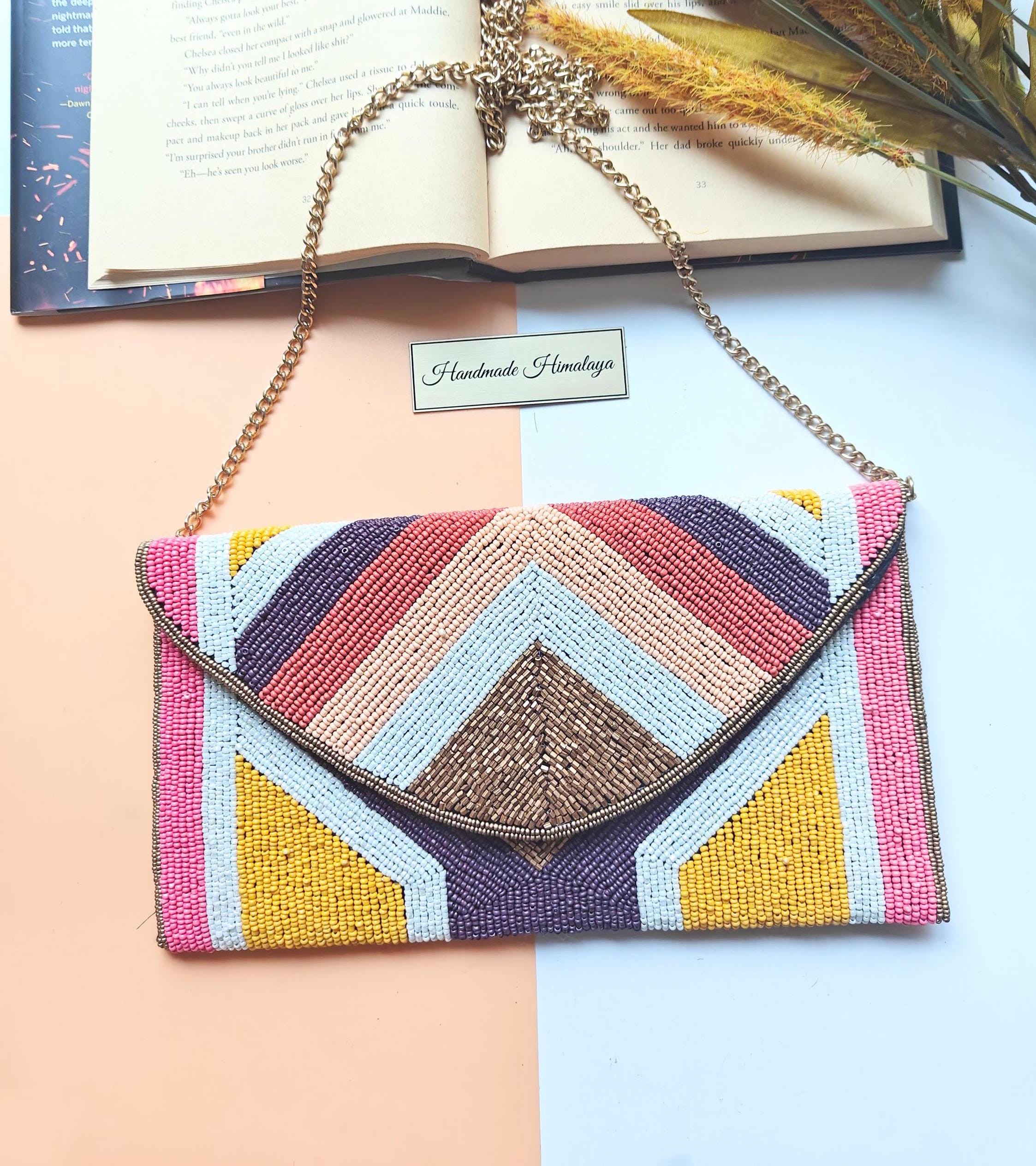 Beaded Clutch Bag Colorful Geometric Pattern Seed Beaded Purse Envelope Party Clutch Gift for Her Summer Handbag Exquisite Beaded Bag