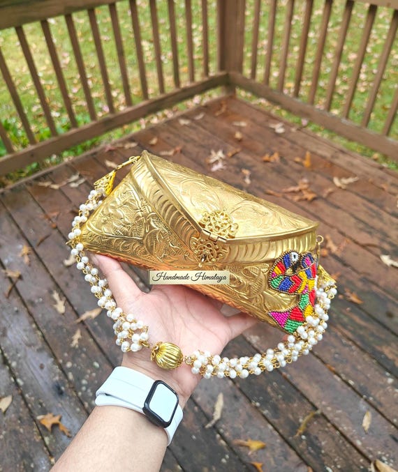 Gold Engraved Metal Clutch | Beaded Peacock Brass Bag |  Pearl Handle Wedding Handbag