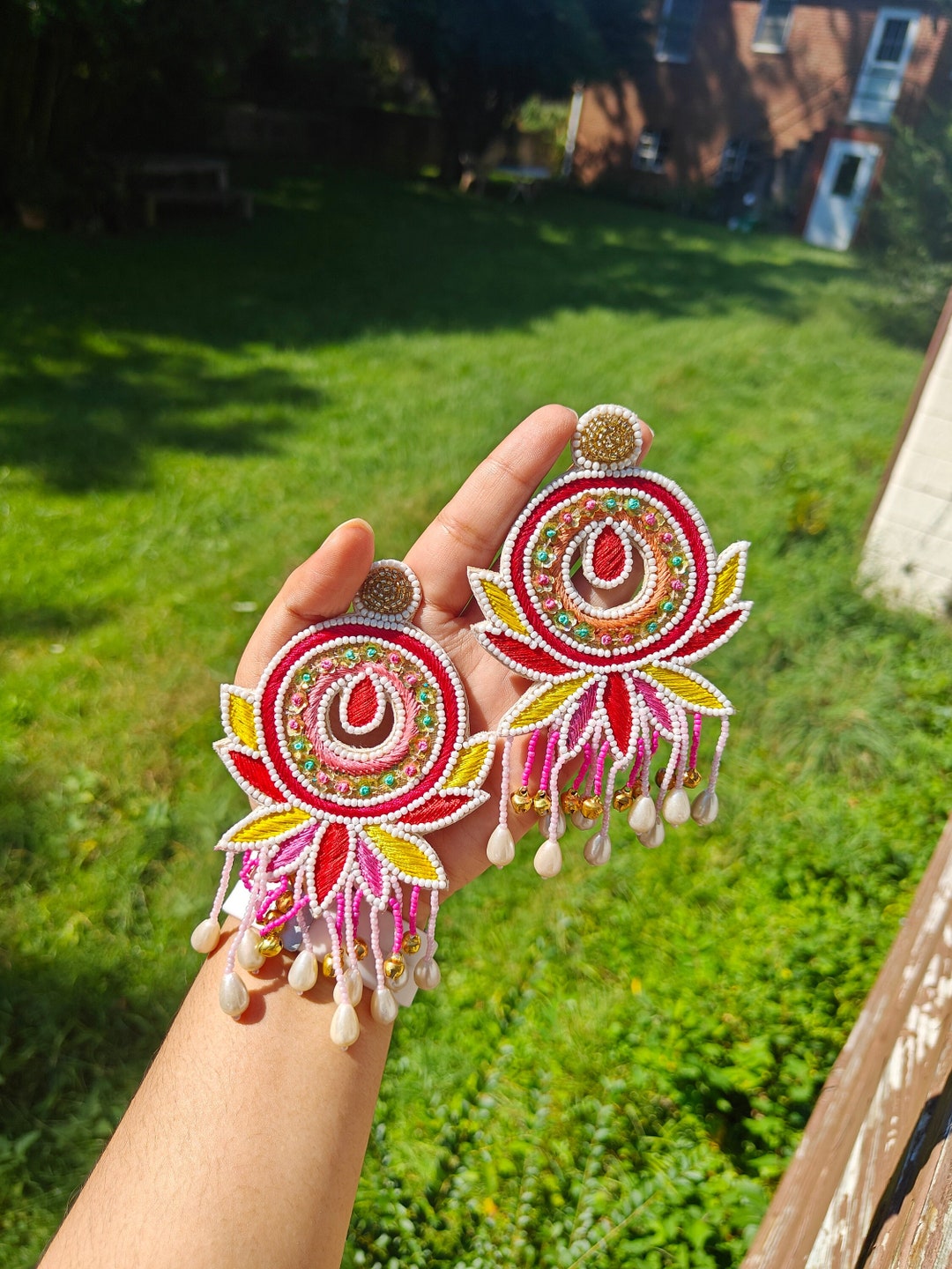 Red Beaded Earrings Boho Earrings Thread Embroidered Etsy