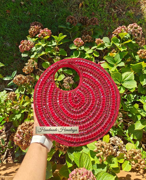 Red Beaded Purse, Party Evening Bag Embellished Crossbody Clutch