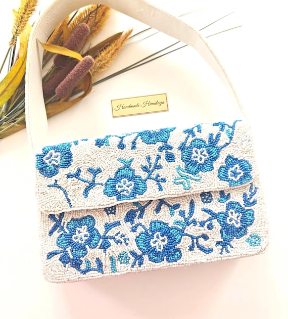Blue Floral Beaded  Bag | White Wedding Bridal  Purse