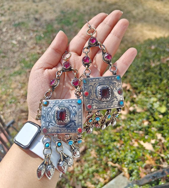 Vintage Afghan Hazara Earrings Tribal Silver Dangle Boho Ethnic Statement Jewelry