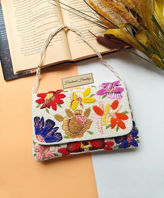 White Beaded Clutch, Colorful Flower Purse, Crossbody Bag, Party Evening Bag, Prom Purse, Embroidered Floral Bag, Beaded Bag, Beaded Purse