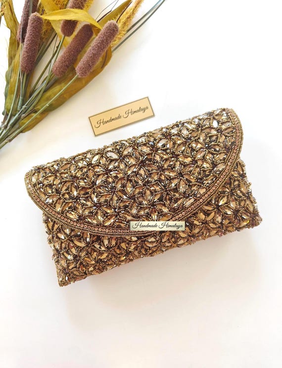 Gold Crystal Beaded Clutch, Bridal Handbag, Wedding Envelope Purse, Handmade Evening Bag
