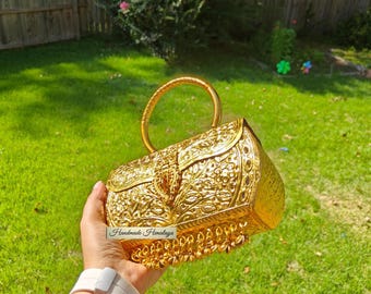 Floral Engraved Brass Clutch: Boho Metal Handbag, Wedding Party Purse
