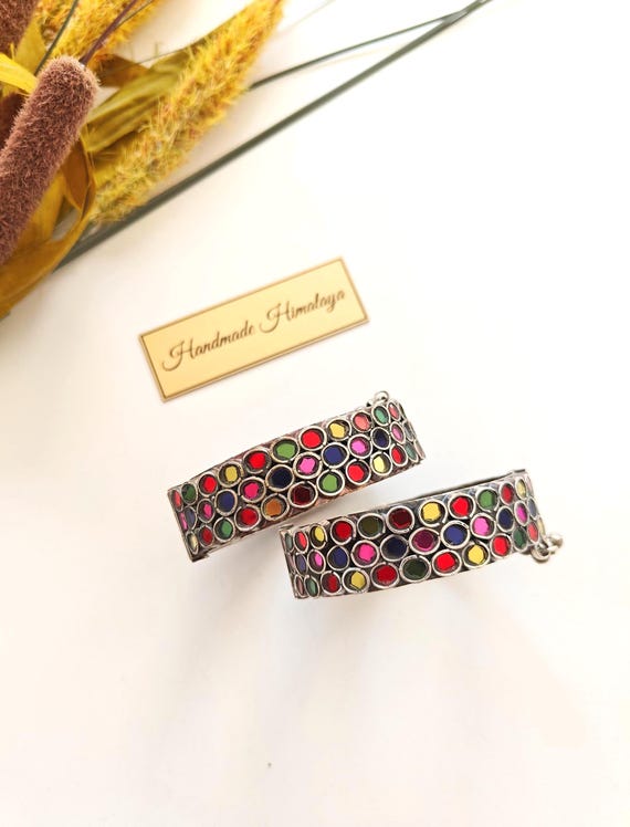Colorful Kuchi Mirror Bangles | Vintage  Silver Tribal Bracelets | Boho Ethnic Festival Arm Jewelry
