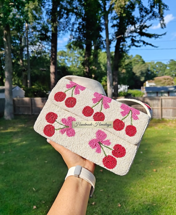 Cherry Beaded Bag, White Beaded Shoulder Bag with Cherries and Bows Embroidery