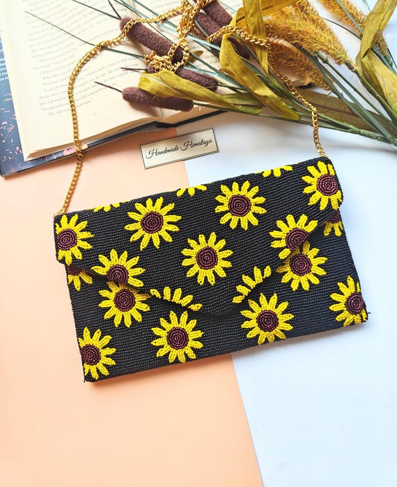 Beaded Clutch Sunflower, Black Beaded Purse, Flower Purse, Crossbody Sling Bag, Gifts For Her, Party Purse, Evening Bags, Summer Bag