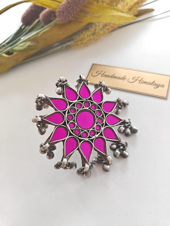 Pink Afghan Mirror Ring, Tribal Ethnic Jewelry, Indian Glass Big Brass Ring, BellyDancer Gifts, Gypsy Hippie Boho Summer Accessories