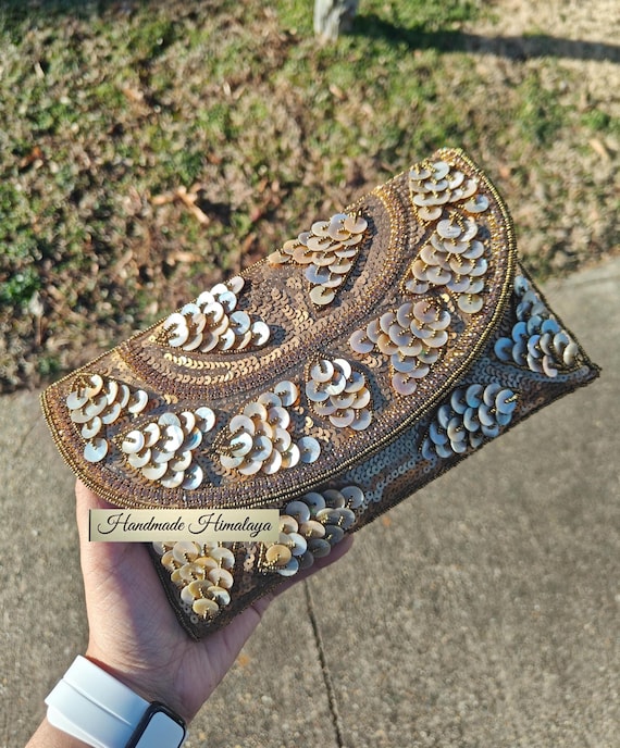 Gold Beaded Clutch with Sequin Shell Embroidery Wedding Bridal Party Evening Purse