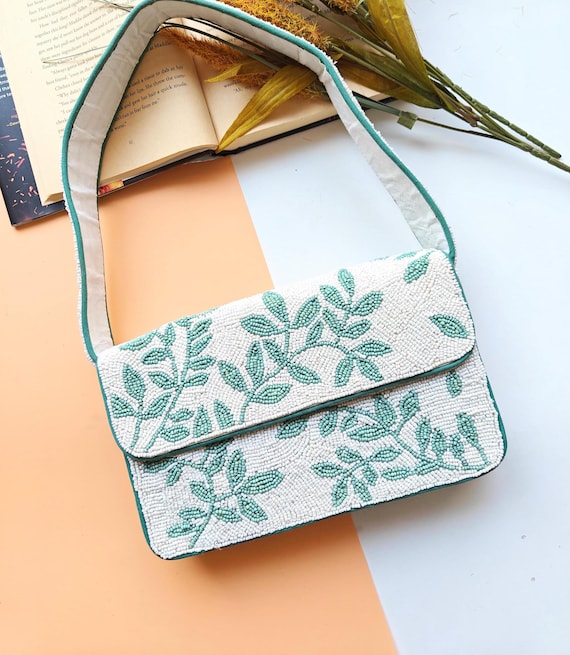 Beaded Shoulder Bag, Green Leaf Beaded Purse, White Beaded Floral Handbag, Elegant Evening Bag, Unique Gift for Her