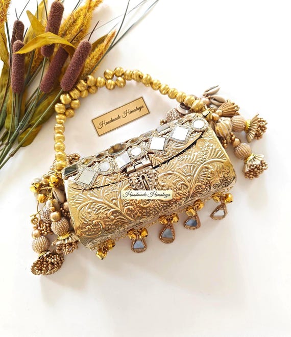 Vintage Floral Gold Brass Purse: Kuchi Mirrorwork Indian Wedding Crossbody Bag