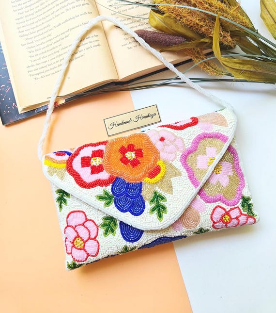 White Beaded Purse, Flower Beaded Clutch, Crossbody Bag, Party Evening Bags, Gift For Her, Envelope Design, Summer Spring Accessories
