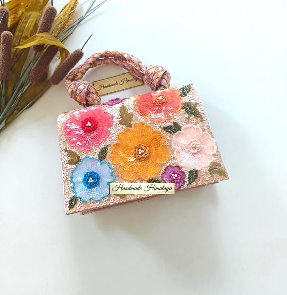 Floral Beaded Bridal Purse | Rose Gold Wedding Clutch | Colorful Sequin Flower Evening Bag