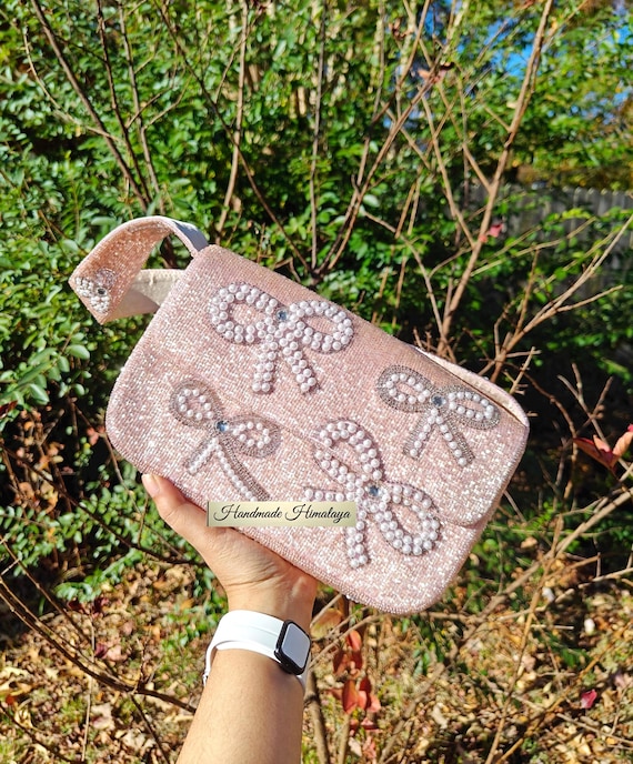 Pink Beaded Bow Clutch | Pearl Embellished Coquette Bridal Purse | Formal Party Evening Handbag