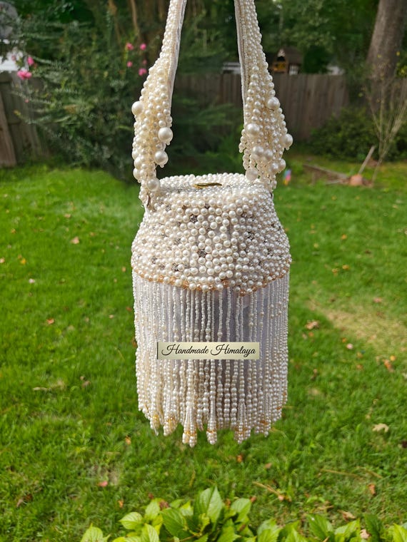 White Pearl Beaded Fringe Bag, Handmade Cylinder Purse with Top Handle, Seed Bead Bridal Clutch, Beaded Bucket Bag for Weddings
