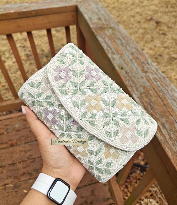 White Floral Beaded Clutch, Evening Bag with Lavender and Gold Sequin Flowers, Wedding Bridal Crossbody Handbag
