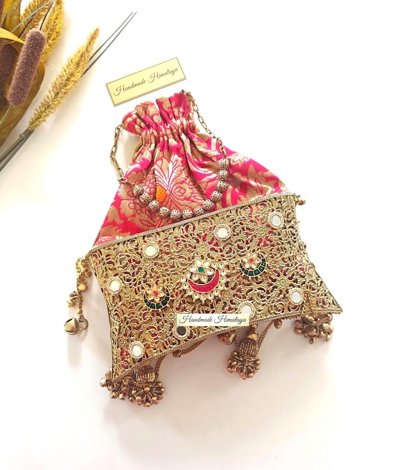 Red Gold Brass Potli Bag | Indian Bridal Wedding Purse