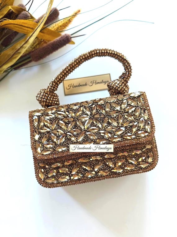 Antique Gold Bronze Crystal Mini Purse | Evening Top Handle Bag