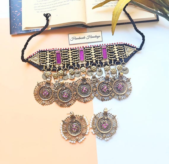 Afghan Jewelry Set Purple, Gold Afghani Jewelry, Kuchi Vintage Necklace Set, Boho Statement Choker, Tribal Ethnic Wedding Accessories