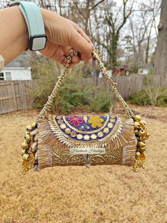 Vintage Floral Gold Brass Clutch | Indian Wedding Crossbody Purse | Kuchi Banjara Style Metal Bag