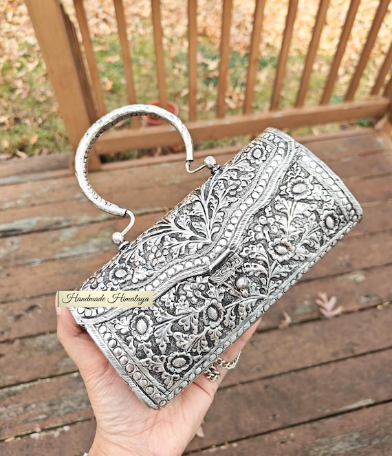 Silver Brass Clutch: Floral Engraved Indian Wedding Metal Bag Purse Crossbody