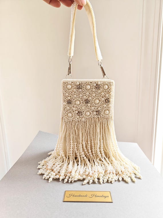Pearl Fringe Handbag, White Beaded Bridal Clutch, Bridesmaid Gift, Wedding Day Purse, Crystal Studded Wristlet, Party Evening Luxury