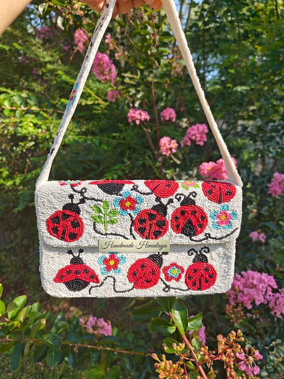 Ladybugs Beaded Bag, Beaded Shoulder Bag, Summer Bag, Party Evening Bags, Red White Purse, Top Handle Bag, Trendy Bags, Gift for Her