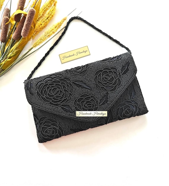 Black Rose Beaded Clutch | Floral Evening Wedding Purse