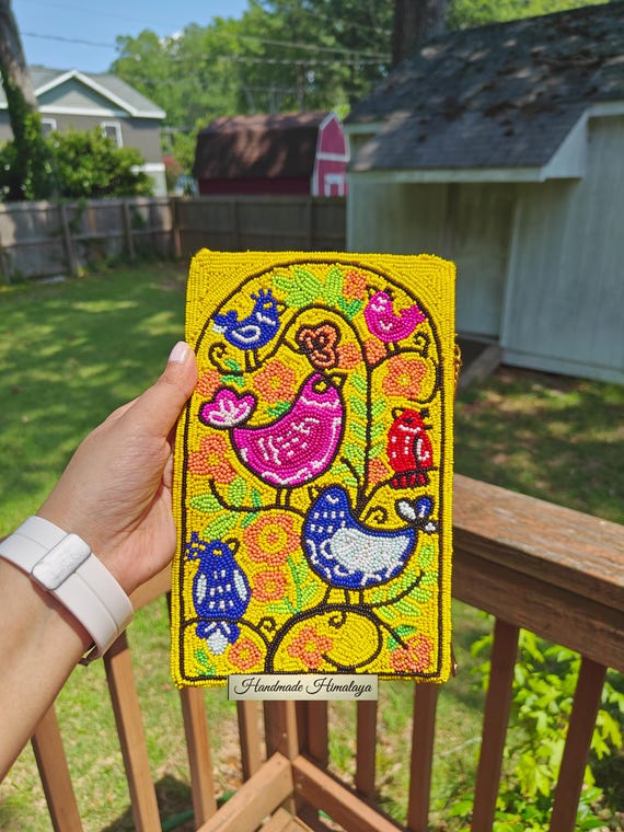 Beaded Phone Bag, Bird Purse, Crossbody Bag, Mobile Purse, Beaded Clutch, Summer Bag, Gift for Her, Colorful Beaded Bag, Cell Phone Bag