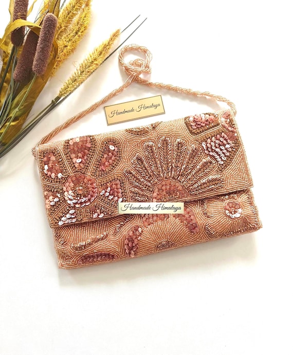 Rose Gold Beaded Clutch | Floral Bridal Wedding Purse