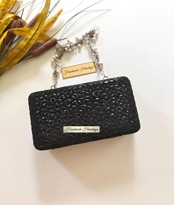 Black Evening Clutch | Crystal Bridal Wedding Party Purse