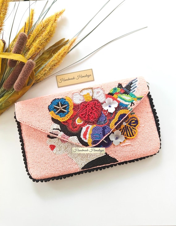 Pink Floral Beaded Clutch | Japanese Geisha Art Purse | Vibrant Lady Face Boho Crossbody