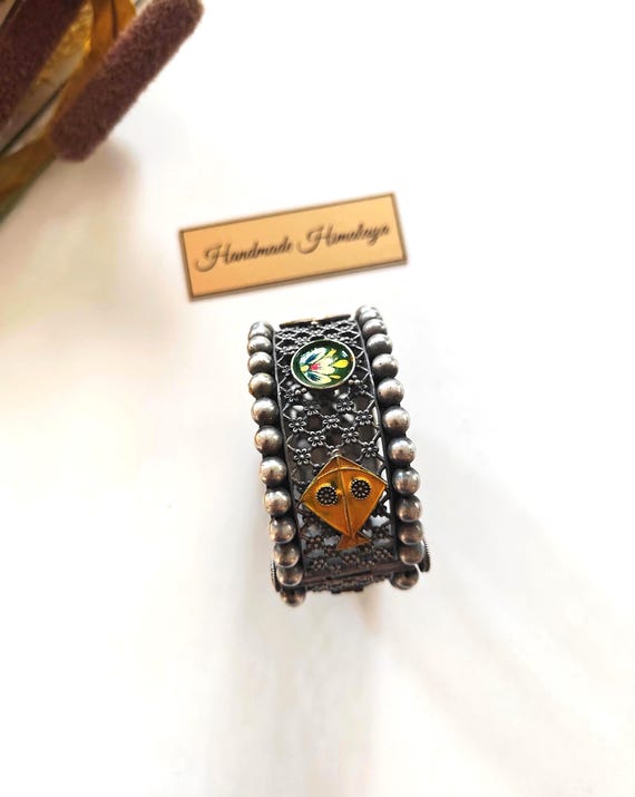 Vintage Tribal Cuff Bracelet | Silver Brass Enamel Boho Ethnic Statement Bangle