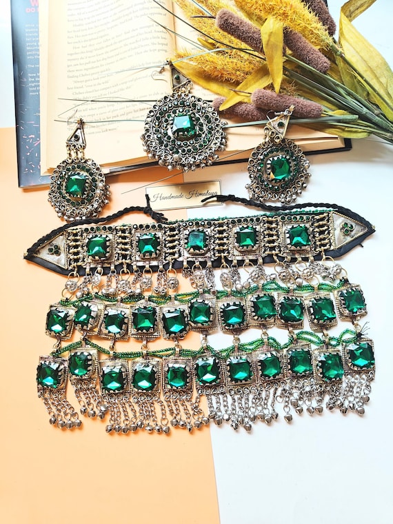 Vintage Afghan Jewelry, Green Choker Set, Kuchi Bridal Nikah Stone Necklace Set