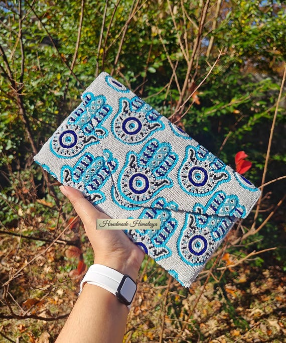 Blue Evil Eye Beaded Purse, Hamsa Hand Party Evening Bag, Protective Symbol Handbag, Boho Beaded Wedding Clutch