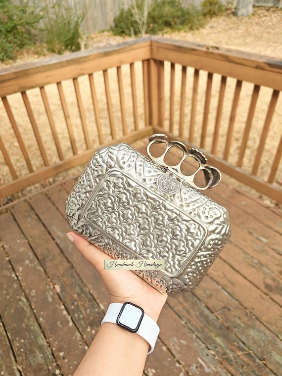 Silver Brass Clutch: Floral Engraved Indian Wedding Metal Box Bag Purse with Knuckle Handle