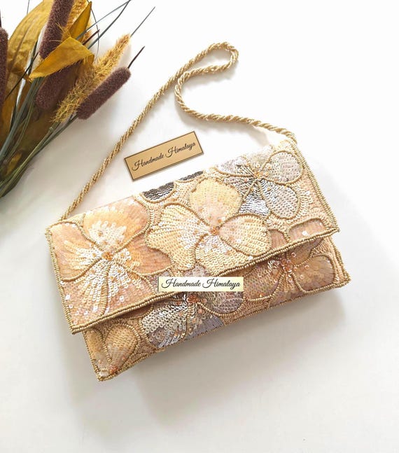 Champagne Bridal Clutch | Nude Beige Sequin Floral Purse Gray Accents