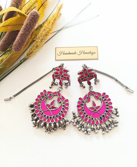 Pink Glass Silver Earrings | Vintage Afghan Tribal Chandbali Style Dangles |  Eid Jewelry Statement