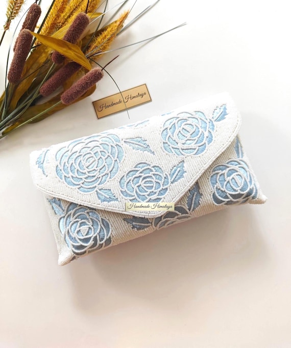 Pastel Blue Floral Beaded Clutch | Flower Rose Wedding Purse | Bridal Evening Bag